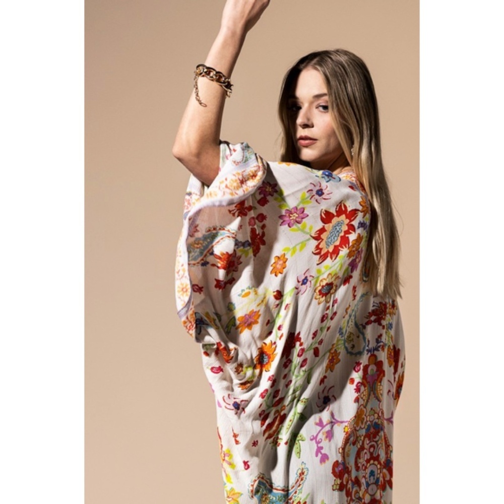 SOLD OUT Colorful Vibrant Delphi Floral Paisley Open Wrap Duster Kimono Top One - Picture 6 of 9